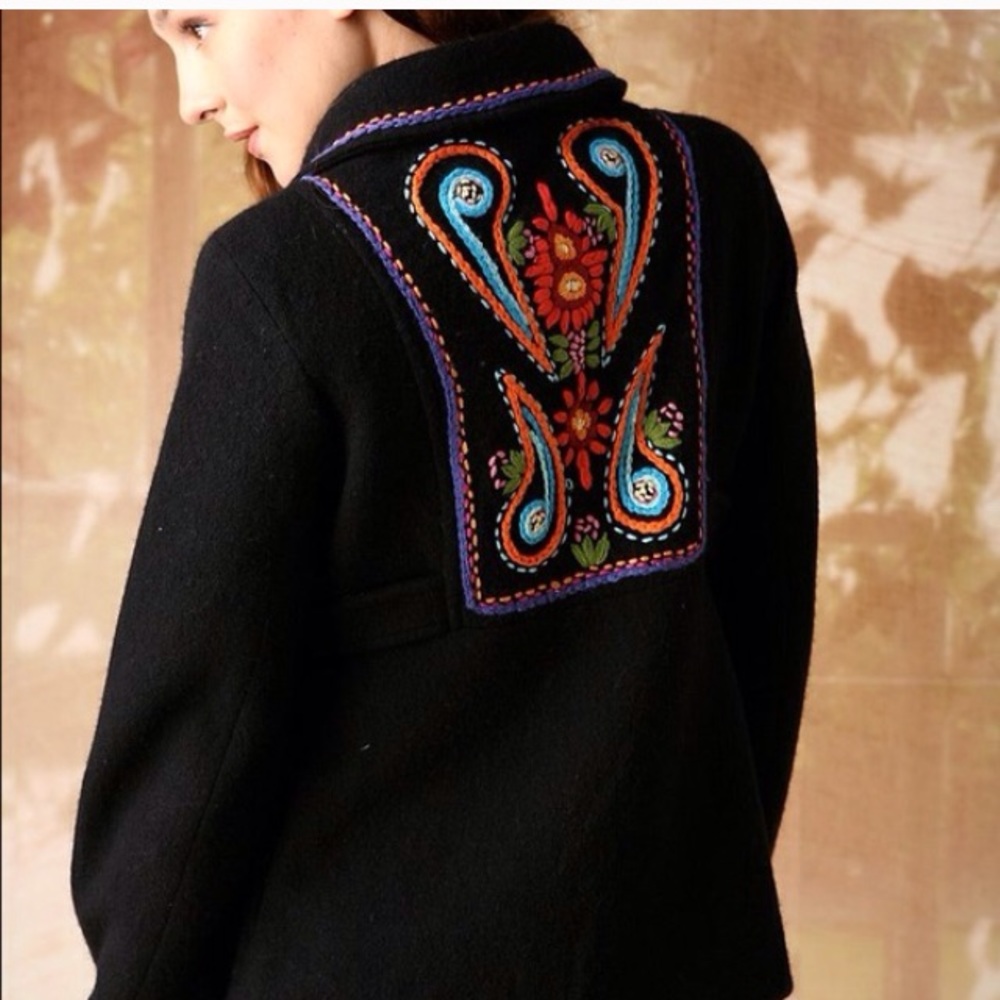 embroidered empire waist black pea coat